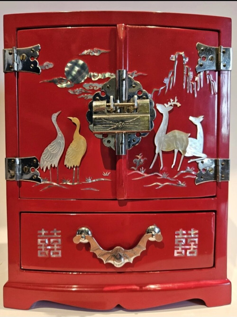 Vintage 1966 Korean Red Lacquer Mother of Pearl Jewelry Box Cabinet
